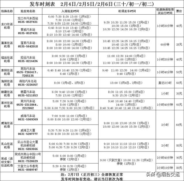 烟台春节期间班次信息！