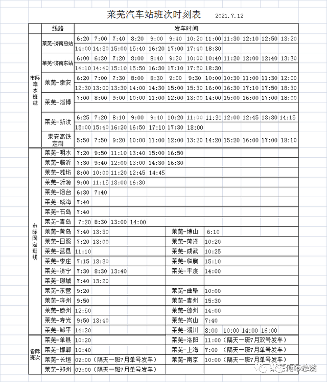 收藏！莱芜汽车站最新班次运行时刻表
