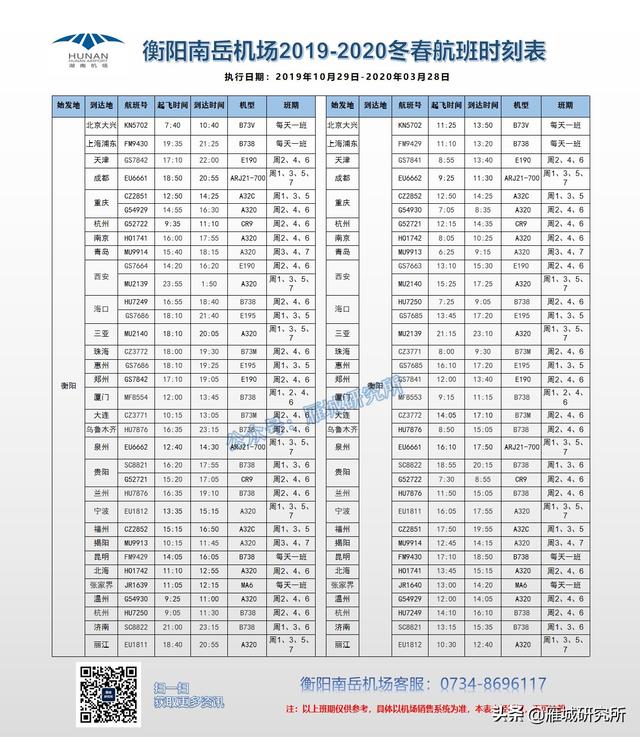 2019年衡阳南岳机场冬春航季航线时刻表出炉