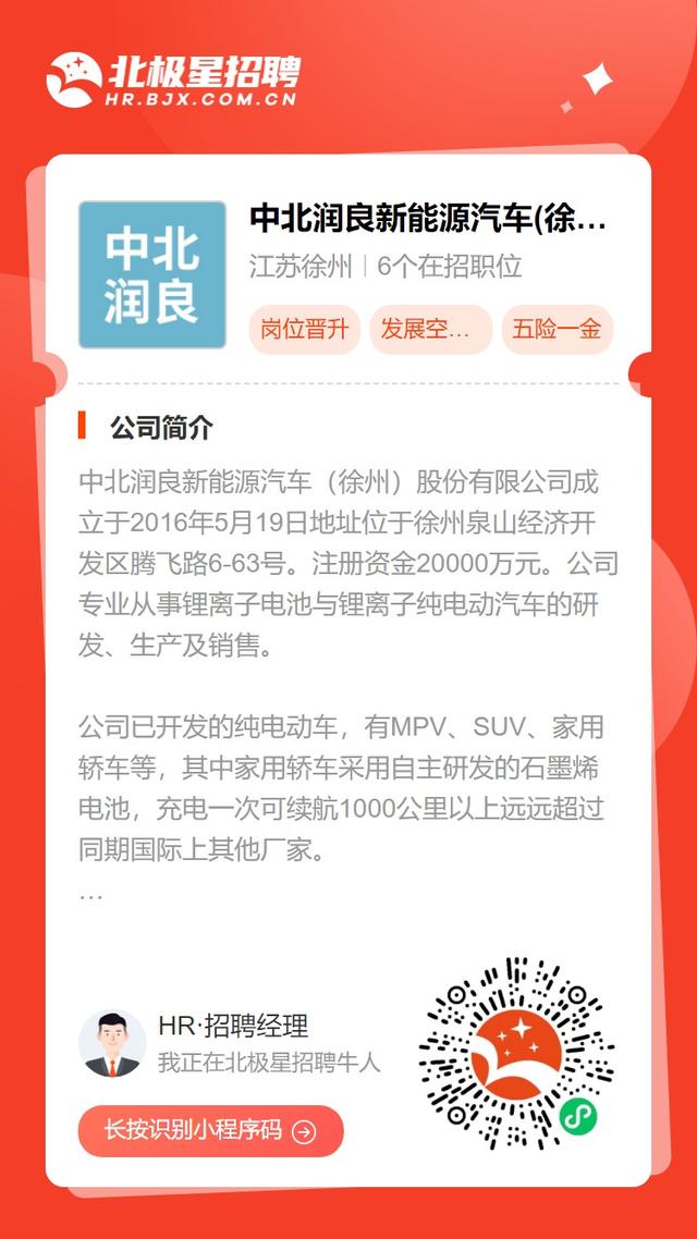 中北润良新能源汽车(徐州)股份有限公司招聘销售、电气等相关岗位