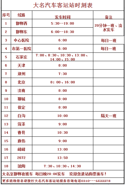 大名车站7月26日大名——北京班线恢复运营！