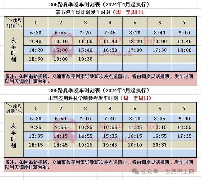 太原：小店南部303、304、305、306、307、312、881、912等线路夏季发车时刻汇总